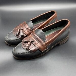 HS Trask Men Bison Leather Kiltie Tassel Loafers Black Brown Two Tone 11 M 31062